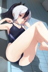 1girl, absurdres, arm up, armpits, ass, bare arms, bare legs, bare shoulders, barefoot, black choker, black hair, black swimsuit, blue archive, breasts, bright pupils, choker, ear piercing, frown, highres, horns, huge filesize, kayoko (blue archive), legs, legs up, long hair, looking at viewer, lying, multicolored hair, on back, one-piece swimsuit, parted lips, piercing, red eyes, seicoh, shaded face, small breasts, solo, swimsuit, thighs, two-tone hair, white hair