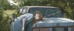 Rule 34 | 1girl, bandaged hand, bandages, bent over, blue ruin (movie), branch, brown eyes, brown hair, bug, butterfly, butterfly on head, car, chinese commentary, commentary request, cowboy shot, day, derivative work, english text, foliage, from side, grass, gumiaoandpeace, hair behind ear, hair flowing over, head down, hospital gown, insect, license plate, long hair, looking ahead, motor vehicle, original, outdoors, pill, pill bottle, pontiac, pontiac bonneville, rust, short sleeves, solo