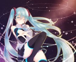Rule 34 | 1girl, aqua eyes, aqua hair, bad id, bad pixiv id, blush, boots, detached sleeves, hatsune miku, headset, highres, hina sumomo, long hair, necktie, one eye closed, skirt, smile, solo, star (symbol), thigh boots, thighhighs, twintails, very long hair, vocaloid