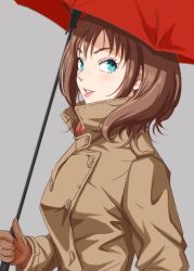 Rule 34 | 1girl, anbj, blue eyes, breasts, brown coat, brown gloves, brown hair, coat, freckles, from side, gloves, grey background, holding, holding umbrella, idolmaster, idolmaster cinderella girls, kate (idolmaster), medium breasts, parted lips, smile, solo, umbrella, upper body