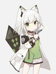 Rule 34 | 1girl, aged down, animal ears, arknights, brown collar, cat ears, cat girl, collar, cowboy shot, criss-cross halter, crystal, dress, earpiece, green dress, green eyes, grey background, grey hair, halterneck, hand up, highres, holding, holding syringe, jacket, jewelry, kal&#039;tsit (arknights), long sleeves, looking at viewer, material growth, nano mochi, off-shoulder dress, off-shoulder jacket, off shoulder, open clothes, open jacket, originium (arknights), oripathy lesion (arknights), pocket, ring, short hair, simple background, solo, standing, syringe, watch, white jacket, wristwatch