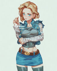 Rule 34 | 1girl, android 18, belt, belt buckle, black thighhighs, blonde hair, blue eyes, breasts, buckle, commentary, denim, denim skirt, dragon ball, dragonball z, earrings, english commentary, jet kimchrea, jewelry, medium breasts, midriff, navel, pencil skirt, revision, shirt, short hair, skirt, solo, taut clothes, taut shirt, thighhighs, vest, zettai ryouiki
