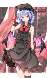 Rule 34 | 1girl, alternate costume, bad id, bad pixiv id, bat wings, black hat, black shirt, black skirt, blue hair, blurry, blurry background, bow, bowtie, closed mouth, cowboy shot, cross-laced clothes, curtains, hand in own hair, hat, highres, leg strap, looking at viewer, mob cap, outside border, pointy ears, red bow, red bowtie, red eyes, remilia scarlet, sabana, shirt, short hair, skirt, sleeveless, solo, standing, thigh strap, touhou, wings, wrist cuffs