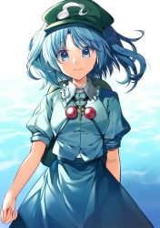 Rule 34 | 1girl, absurdres, blue eyes, blue hair, blue skirt, blue sleeves, blue vest, breasts, buttons, closed mouth, collar, eyes visible through hair, green hat, hat, highres, jewelry, kaede (mmkeyy), kawashiro nitori, key, key necklace, looking at viewer, medium breasts, necklace, puffy short sleeves, puffy sleeves, shirt, short hair, short sleeves, short twintails, skirt, smile, solo, touhou, twintails, vest, white collar, white shirt