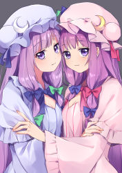 Rule 34 | 2girls, blue dress, blue hat, blue ribbon, blunt bangs, breasts, cleavage, closed mouth, crescent, crescent pin, dot nose, dress, dual persona, green ribbon, grey background, hair ribbon, hat, highres, hug, light smile, long hair, long sleeves, looking at viewer, medium breasts, mob cap, multiple girls, pajamas, patchouli knowledge, pink dress, pink hat, purple eyes, purple hair, red ribbon, ribbon, selfcest, simple background, smile, touhou, tress ribbon, vanilla (miotanntann), very long hair, wide sleeves, yuri