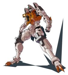 Rule 34 | clenched hands, fangs, gaigar, head tilt, looking ahead, mecha, robot, roko (project 1104), science fiction, shadow, super robot, white background, yellow eyes, yuusha ou gaogaigar, yuusha series