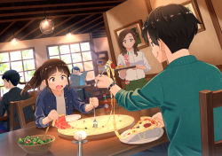 Rule 34 | 2girls, 3boys, black hair, blunt bangs, brown eyes, brown hair, commentary, dutch angle, eating, food, fork, highres, ice cream, indoors, jewelry, long hair, looking at another, multiple boys, multiple girls, necklace, open mouth, original, pizza, pizza cutter, pizza slice, ponytail, restaurant, salad, short hair, smile, sundae, taka (tsmix), tray, waitress, watch, wristwatch