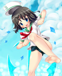 Rule 34 | 1girl, :d, anchor, bad id, bad pixiv id, barefoot, black hair, blue eyes, blush, feet, female focus, flat chest, hat, kuro minamo, murasa minamitsu, no pants, one-piece swimsuit, open mouth, sailor, sailor collar, sailor hat, school swimsuit, short hair, smile, soles, solo, swimsuit, swimsuit under clothes, toes, touhou