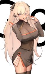 Rule 34 | 1girl, 360 (taiyo360), absurdres, black dress, black thighhighs, breasts, character name, cleavage, corset, cowboy shot, dress, g3 (girls&#039; frontline), g3 (mod3) (girls&#039; frontline), girls&#039; frontline, grey hair, headset, highres, large breasts, long hair, long sleeves, looking at viewer, open mouth, purple eyes, short dress, solo, text background, thighhighs, underbust, white background