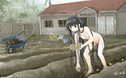 Rule 34 | 1girl, barefoot, bent over, black eyes, black hair, building, casual nudity, completely nude, day, dirty, dirty feet, fence, flat chest, holding, long hair, looking down, nipples, no nose, nude, original, outdoors, parted lips, planting, rake, roreru (rorerore-ya), signature, solo, very long hair, wheelbarrow
