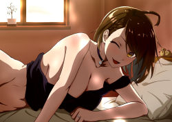 Rule 34 | 1girl, ;d, ahoge, arm support, azur lane, baltimore (azur lane), bare shoulders, bed, bird, black choker, black tank top, blush, bottomless, braid, breasts, brown hair, chick, choker, cleavage, collarbone, commentary, french braid, groin, hair between eyes, indoors, jewelry, kiuda shinjou, large breasts, light rays, looking at viewer, lying, manjuu (azur lane), morning, navel, on bed, on side, one eye closed, open mouth, out-of-frame censoring, pillow, plant, potted plant, pov across bed, ring, shadow, short hair, sidelocks, smile, solo focus, strap slip, sunbeam, sunlight, tank top, upper body, wall, wedding ring, window, yellow eyes