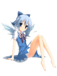 Rule 34 | 1girl, barefoot, blue eyes, blue hair, blush, bow, cirno, embodiment of scarlet devil, feet, full body, ice, ite fuji, legs, matching hair/eyes, short hair, simple background, skinny, smile, solo, touhou, wings