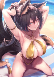 Rule 34 | 1girl, absurdres, animal ears, arm strap, armpits, arms up, beach, bikini, black hair, blush, breasts, cleavage, closed mouth, collarbone, day, highres, kneeling, large breasts, long hair, looking at viewer, ocean, original, outdoors, ponytail, red eyes, saboten teishoku, sideboob, skindentation, smile, soles, solo, swimsuit, tail, thighs, toes, water, yellow bikini