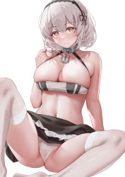 Rule 34 | 1girl, absurdres, azur lane, bare shoulders, black headband, breasts, classic (zildjian33), cleavage, collarbone, hair between eyes, headband, highres, large breasts, looking at viewer, panties, red eyes, short hair, simple background, sirius (azur lane), solo, spread legs, thighhighs, thighs, tight clothes, underwear, white hair, white thighhighs