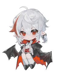 Rule 34 | 1boy, alternate costume, black footwear, black wings, blush, cape, chibi, closed mouth, cup, full body, genshin impact, hair between eyes, highres, holding, holding cup, kaedehara kazuha, long sleeves, looking at viewer, low wings, male focus, multicolored hair, persimmon (lsxh3), pointy ears, ponytail, red eyes, red hair, short ponytail, simple background, socks, solo, streaked hair, vampire, white background, white socks, wings