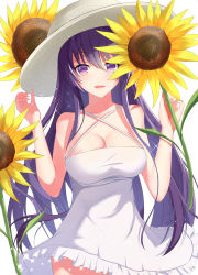Rule 34 | 1girl, :d, absurdres, alternate costume, bare arms, bare shoulders, blush, breasts, cleavage, collarbone, cowboy shot, criss-cross halter, date a live, dress, female focus, feng mouren, flower, frilled dress, frills, hair between eyes, halterneck, hands up, hat, highres, large breasts, long hair, looking at viewer, multicolored eyes, neck, open mouth, purple eyes, purple hair, shade, simple background, smile, solo, straw hat, sunflower, very long hair, white background, white dress, yatogami tooka, yellow eyes