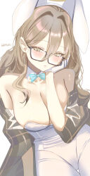 Rule 34 | 1girl, akane (blue archive), akane (bunny) (blue archive), animal ears, blue archive, blush, breasts, brown eyes, cleavage, detached collar, fake animal ears, glasses, gloves, hair between eyes, haruri, highres, large breasts, leotard, light brown hair, long hair, looking at viewer, official alternate costume, pantyhose, parted lips, rabbit ears, simple background, solo, strapless, strapless leotard, white background, white gloves, white leotard, white pantyhose