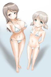 Rule 34 | 2girls, absurdres, aki (girls und panzer), arms behind back, bikini, blush, breasts, brown eyes, brown hair, covered erect nipples, e gs310, flat chest, full body, girls und panzer, green eyes, highres, large breasts, light brown hair, looking at viewer, mika (girls und panzer), multiple girls, navel, short hair, short twintails, swimsuit, twintails