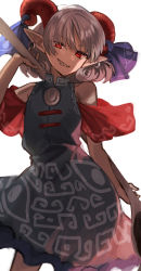 Rule 34 | 1girl, blue dress, curled horns, dress, earrings, grin, highres, holding, horn ornament, horn ribbon, horns, jewelry, looking at viewer, meandros, otoshiro kosame, oversized object, pointy ears, red eyes, red horns, ribbon, sharp teeth, sheep horns, short hair, simple background, smile, solo, standing, teeth, touhou, toutetsu yuuma, utensil, white background, white hair
