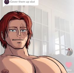 Rule 34 | 1boy, animal ears, bara, cover them up slut (meme), facial hair, goat ears, highres, indoors, levi (akagaminolevi), looking at viewer, male focus, mature male, meme, muscular, muscular male, one piece, pectorals, red hair, shanks (one piece), short hair, sideburns, smirk, solo, stubble, upper body