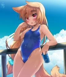 Rule 34 | 1girl, against railing, animal ears, bare arms, bare shoulders, blue one-piece swimsuit, blue sky, blush, breasts, brown hair, can, casual one-piece swimsuit, cloud, cloudy sky, covered navel, day, fang, fingernails, fox ears, fox girl, fox tail, groin, hand up, holding, holding can, against railing, long hair, looking away, low-tied long hair, one-piece swimsuit, original, outdoors, parted lips, railing, signature, sky, small breasts, solo, swimsuit, tail, thick eyebrows, toba hiyoko, very long hair