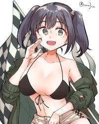 Rule 34 | 1girl, alternate costume, bikini, black hair, blue eyes, breasts, checkered flag, commentary request, cowboy shot, flag, front-tie bikini top, front-tie top, green jacket, highres, jacket, kantai collection, large breasts, long hair, looking at viewer, matsunaga (haku), race queen, shorts, simple background, solo, souryuu (kancolle), swimsuit, twintails, white background, white shorts
