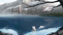 Rule 34 | 1girl, animal ears, bare tree, closed mouth, day, forest, fox ears, fox girl, fox tail, highres, lake, long hair, mountain, nature, nude, original, outdoors, paintrfiend, partially submerged, ripples, scenery, skinny dipping, solo, swimming, tail, tree, water, water surface, white hair