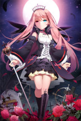 Rule 34 | 1girl, blue eyes, boots, choker, clenched hand, corset, cross-laced footwear, detached sleeves, feathers, flower, full moon, gilse, heterochromia, holding, lace-up boots, layered skirt, long hair, moon, night, outdoors, pink eyes, pink hair, pinky out, pleated skirt, rose, scepter, shaded face, skirt, star (symbol), sword girls, tattoo, tiara, tombstone, very long hair, vinho flina, walking, wings