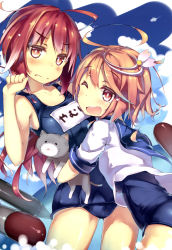 Rule 34 | 10s, 2girls, absurdres, ahoge, brown hair, cat, cloud, highres, i-168 (kancolle), i-58 (kancolle), kantai collection, looking back, multiple girls, non-web source, nyantype, one-piece swimsuit, one eye closed, open mouth, red eyes, red hair, school swimsuit, school uniform, serafuku, sky, swimsuit, syobonne, wink