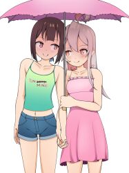 Rule 34 | 2girls, ahoge, bare arms, bare shoulders, breasts, brown eyes, brown hair, clothes writing, collarbone, colored inner hair, commentary, commission, copyright name, dress, english commentary, flat chest, grey hair, hair between eyes, highres, holding hands, hozuki momiji, interlocked fingers, lalox, long hair, midriff, multicolored hair, multiple girls, navel, onii-chan wa oshimai!, oyama mahiro, pink dress, pink hair, pink umbrella, shared umbrella, short hair, short ponytail, short shorts, shorts, side-by-side, simple background, sleeveless, sleeveless dress, small breasts, smile, spaghetti strap, umbrella, white background, yuri