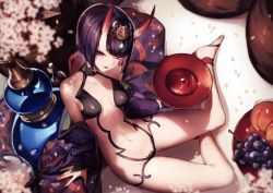 Rule 34 | 1girl, alcohol, bare shoulders, barefoot, bikini, breasts, cup, eyeliner, fate/grand order, fate (series), flat chest, from above, genyaky, gourd, hair ornament, horns, looking at viewer, makeup, navel, oni, open bikini, open clothes, purple eyes, purple hair, red eyes, sakazuki, sake, shuten douji (fate), shuten douji (first ascension) (fate), sitting, smile, solo, swimsuit