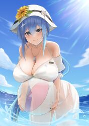 Rule 34 | absurdres, ball, bare shoulders, beachball, bikini, blue hair, breast rest, breasts, cleavage, codename696, cowboy shot, dp-12 (girls&#039; frontline), dp-12 (morning fable) (girls&#039; frontline), dress, flower, girls&#039; frontline, grey eyes, halterneck, hat, hat flower, highres, holding, holding ball, huge breasts, jewelry, long hair, nail polish, necklace, ocean, official alternate costume, partially submerged, see-through, see-through dress, sun hat, sunflower, sunlight, swimsuit, white bikini, white dress