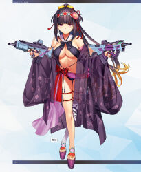 Rule 34 | 1girl, battle rifle, bikini, blunt bangs, breasts, brown hair, bullpup, cleavage, commentary request, dual wielding, eyewear on head, fate/grand order, fate (series), flower, full body, gun, handgun, highres, holding, holster, japanese clothes, large breasts, light brown hair, long hair, looking at viewer, low twintails, moriyama daisuke, multicolored hair, navel, official art, open mouth, osakabehime (fate), osakabehime (swimsuit archer) (fate), pistol, red eyes, rifle, safety glasses, sandals, scarf, smile, solo, swimsuit, thigh holster, twintails, twitter username, weapon, white background