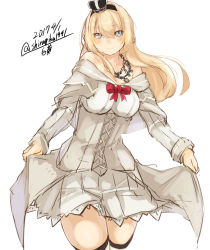 Rule 34 | 10s, 1girl, 2017, bare shoulders, blonde hair, blue eyes, braid, cowboy shot, crown, dated, dress, dress shirt, flower, french braid, jewelry, kantai collection, long hair, long sleeves, mini crown, necklace, off-shoulder dress, off shoulder, red ribbon, red rose, ribbon, rose, shiragiku1991, shirt, signature, simple background, solo, thighhighs, twitter username, warspite (kancolle), white background, white dress