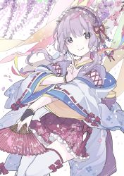 Rule 34 | 1girl, absurdres, animal, blush, bug, butterfly, closed mouth, commentary, fingernails, floral print, flower, frilled hairband, frilled skirt, frills, hair between eyes, hairband, hand up, head tilt, highres, index finger raised, insect, japanese clothes, kimono, konpe itou, long sleeves, looking at viewer, nail polish, petals, pleated skirt, print kimono, purple eyes, purple flower, purple hair, purple hairband, purple kimono, purple nails, red skirt, ribbon-trimmed sleeves, ribbon trim, sidelocks, skirt, smile, solo, thighhighs, voiceroid, white background, white thighhighs, wide sleeves, wind chime, yuzuki yukari