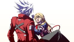 Rule 34 | 1boy, 1girl, arc system works, bare shoulders, black pants, blazblue, blonde hair, blush, crying, crying with eyes open, detached sleeves, game cg, green eyes, hitting, jacket, long hair, noel vermillion, official art, open mouth, pants, ragna the bloodedge, ribbed sweater, spiked hair, sweater, tears, uniform, white hair