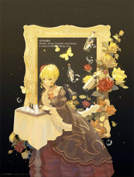Rule 34 | 1girl, beatrice (umineko), blonde hair, bug, butterfly, chess piece, chessboard, choker, dress, email address, expressionless, flower, frilled choker, frilled sleeves, frills, green eyes, hair flower, hair ornament, hand on own cheek, hand on own face, holding chess piece, insect, juliet sleeves, layered dress, lofter username, long sleeves, message in a bottle, orange flower, orange rose, picture frame, puffy sleeves, red flower, red rose, rose, solo, striped, striped sleeves, teatix, umineko no naku koro ni, vertical stripes, water drop, weibo watermark, wide sleeves, yellow flower, yellow rose