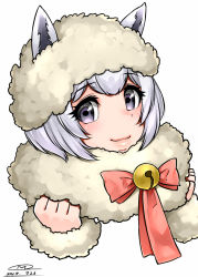 Rule 34 | 10s, 1girl, 2017, alpaca ears, alpaca huacaya (kemono friends), animal ears, bell, bow, bowtie, clenched hands, dated, fur-trimmed sleeves, fur collar, fur trim, grey eyes, hands up, happa (cloverppd), jingle bell, kemono friends, looking at viewer, short hair, signature, simple background, solo, upper body, white background, white hair