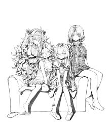 Rule 34 | 4girls, absurdres, barefoot, braid, closed mouth, couch, dress, greyscale, hair between eyes, hands on another&#039;s shoulders, highres, leon v, long hair, looking at viewer, monochrome, multiple girls, on chair, open mouth, original, shoes, short sleeves, sitting, sketch, sleeveless, sweater, twintails