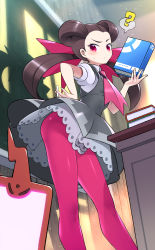 Rule 34 | 1girl, ?, absurdres, ascot, book, brown hair, chalk, chalkboard, contrapposto, creatures (company), dress, frown, furrowed brow, game freak, gen 4 pokemon, grey dress, gym leader, hand on own hip, highres, holding, holding book, holding chalk, long hair, looking at viewer, low twintails, nintendo, pantyhose, pink eyes, pink pantyhose, pokemon, pokemon oras, rotom, rotom phone, roxanne (pokemon), solo, spoken question mark, sweatdrop, teacher, thighs, tm (hanamakisan), twintails