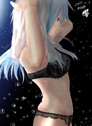 Rule 34 | 1girl, armpit peek, armpits, arms up, artist name, ass, backlighting, blue eyes, bra, breasts, unworn clothes, dated, from side, gradient background, hair between eyes, half-closed eyes, hands on own head, hibiki (kancolle), hip bones, hip focus, kantai collection, kazunosuke, lace, lace bra, lace panties, lingerie, long hair, looking away, panties, ribs, sidelocks, signature, small breasts, smile, solo, stomach, towel, underwear, water drop, white hair