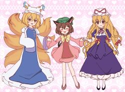 3girls chen full_body highres multiple_girls nene_man touhou yakumo_ran yakumo_yukari