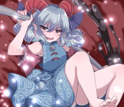 Rule 34 | 1girl, barefoot, blue dress, blue hair, curly hair, detached sleeves, dress, earrings, eye print, highres, horizontal pupils, horn ornament, horn ribbon, horns, jewelry, legs, meandros, ougi hina, oversized object, patterned clothing, pink eyes, pointy ears, rectangular pupils, red horns, red sleeves, ribbon, sharp teeth, sheep horns, solo, teeth, toes, touhou, toutetsu yuuma, utensil