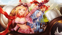 Rule 34 | 10s, 2girls, :d, alternate costume, animal ears, blonde hair, blue eyes, blue hair, blue hat, blue jacket, breasts, brown eyes, cleavage, crop top, cropped jacket, djeeta (granblue fantasy), fake animal ears, granblue fantasy, hat, highres, jacket, large breasts, long hair, looking at viewer, lyria (granblue fantasy), midriff, multiple girls, navel, open mouth, outstretched arm, pants, pink jacket, pink pants, red scarf, scarf, short hair, small breasts, smile, very long hair, vyrn (granblue fantasy), wakaba (945599620)