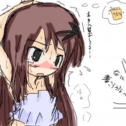 Rule 34 | 1girl, arms up, black eyes, blue tube top, blush, brown hair, collarbone, embarrassed, female focus, hair ornament, hairclip, have to pee, japanese text, jirene, long hair, nose blush, open mouth, original, shuriken, simple background, sketch, solo, strapless, sweat, talking, tears, text focus, thought bubble, translated, trembling, tube top, upper body, urine meter, weapon, white background