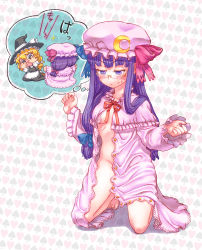 Rule 34 | 2girls, @ @, abua, barefoot, bespectacled, blonde hair, blush, braid, covering privates, covering face, covering own eyes, female focus, flashing, glasses, hat, highres, kirisame marisa, long hair, multiple girls, open clothes, open robe, patchouli knowledge, peeking, purple eyes, purple hair, robe, saliva, sweat, thinking, touhou, witch hat, yuri