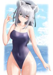 Rule 34 | 1girl, animal ears, arisu (alice1019sm), blue one-piece swimsuit, blue sky, breasts, cleavage, cloud, commentary request, commission, competition school swimsuit, covered navel, fox ears, fox shadow puppet, green eyes, grey hair, heterochromia, highleg, highleg swimsuit, highres, horizon, large breasts, long hair, looking at viewer, ocean, one-piece swimsuit, original, red eyes, school swimsuit, skeb commission, sky, solo, standing, swimsuit, water, white headwear