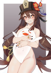 Rule 34 | 1girl, absurdres, black hat, black nails, brown hair, collarbone, commentary, completely nude, cowboy shot, flower, flower-shaped pupils, genshin impact, ghost, grin, hair between eyes, hat, hat flower, heiyu, highres, hu tao (genshin impact), jewelry, long hair, looking at viewer, multiple rings, nail polish, nude, red eyes, red flower, ring, smile, solo, standing, symbol-shaped pupils, twintails, very long hair