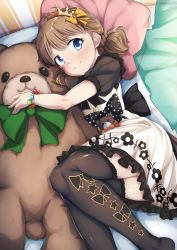 Rule 34 | black thighhighs, blue eyes, blush, bow, bowtie, brown hair, closed mouth, crown, dress, dress bow, flower print, frilled dress, frilled thighhighs, frills, from above, green bow, green bowtie, hair bow, highres, idolmaster, idolmaster million live!, looking at viewer, lying, on bed, on side, pechimaru, pillow, polka dot, polka dot bow, puffy sleeves, scrunchie, short sleeves, short twintails, smile, stuffed animal, stuffed toy, suou momoko, teddy bear, thighhighs, thighs, twintails, white dress, wristband, yellow bow, zettai ryouiki