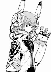 Rule 34 | 1girl, aki001208, android, blunt bangs, blunt ends, closed mouth, clothes writing, from side, greyscale, hair between eyes, hand up, headgear, high collar, highres, jacket, long sleeves, looking at viewer, mechanical arms, medium hair, monochrome, original, print jacket, science fiction, short eyebrows, single mechanical arm, solo, waving, white background, zipper, zipper pull tab